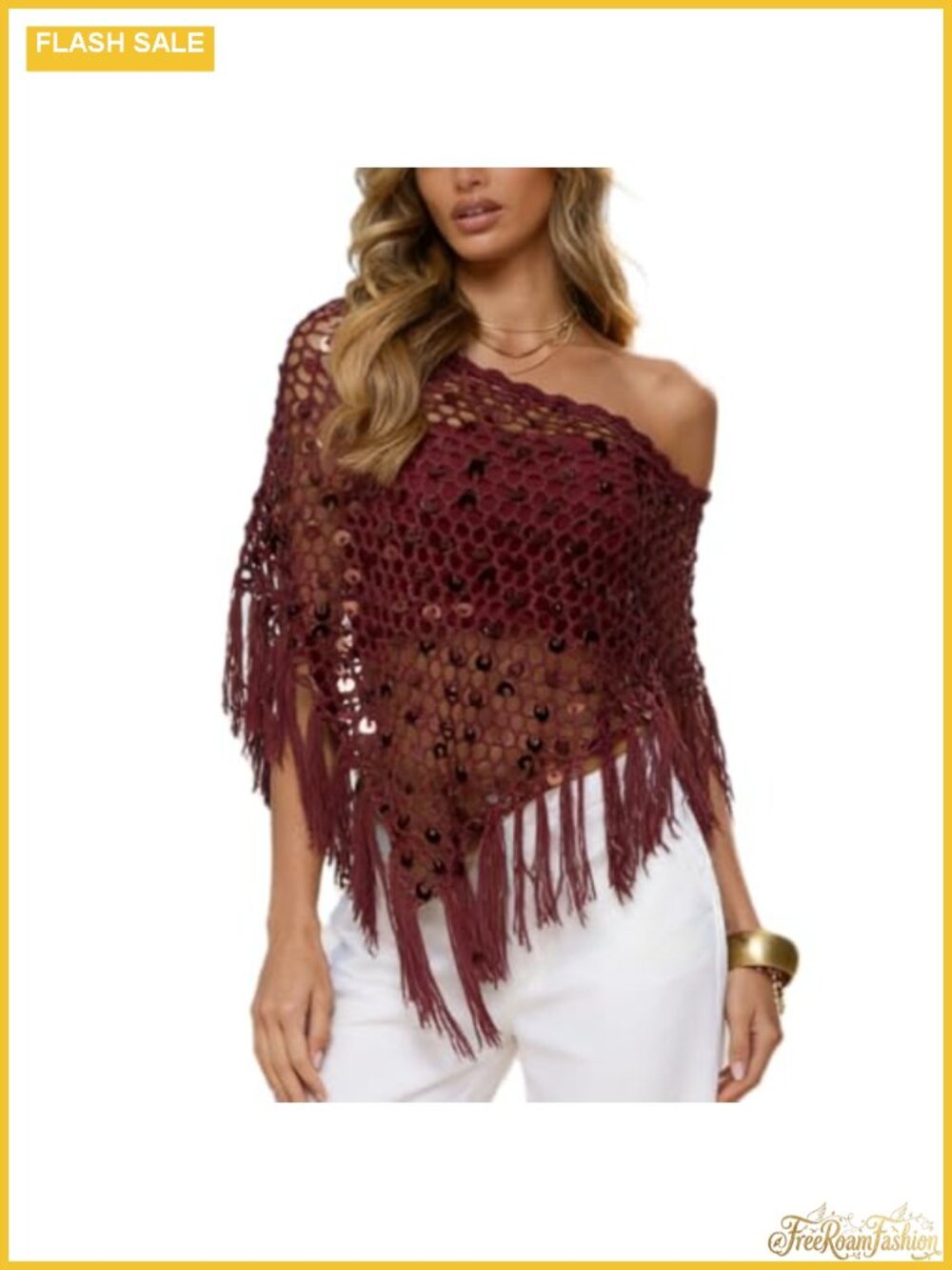 Boho Crochet Sequin Poncho Cover Up Sheer Fringe Beach Swimwear